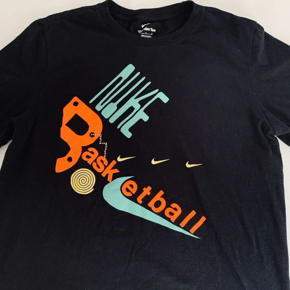 Nike Shirt Men L Black Basketball Colorful Swoosh Graphic Tee Retro Athletic Gym